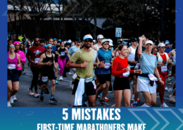 A large group of marathon runners, dressed in athletic gear and race bibs, run together on a city street. The image has text that reads: "5 Marathon Mistakes First-Time Marathoners Make. Austin Marathon Half Marathon & 5K