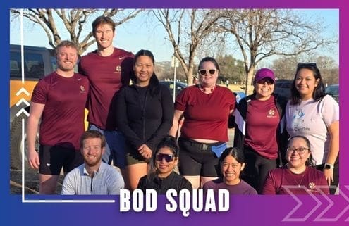 A group of ten people, some in maroon shirts and others in athletic wear, pose and smile outdoors on a sunny day with trees in the background. The text "BOD SQUAD" at the bottom highlights this spirited Buda Running Club group run. Austin Marathon Half Marathon & 5K