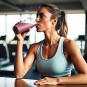 A woman in workout attire enjoys a pink smoothie at a gym table, with equipment in the background—fueling up as part of her summer fitness survival guide. Austin Marathon Half Marathon & 5K