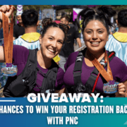 Two smiling women in purple shirts hold up medals at a race finish line. Other participants are in the background. Text overlay reads: "GIVEAWAY: Win registration back with PNC for your chance to celebrate at the finish line!. Austin Marathon Half Marathon & 5K