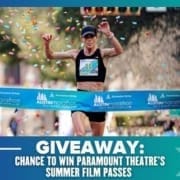 A runner crosses the finish line at the Austin Marathon as colorful confetti falls. Text below announces a giveaway for a chance to win entries to Maudie’s Moonlight Run or Paramount Theatre’s summer film passes. Austin Marathon Half Marathon & 5K