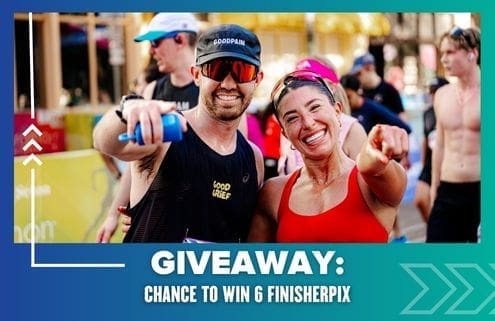 Two smiling runners, one in a black tank and cap, the other in red, stand together at Maudies Moonlight Run, pointing at the camera. Text below: "GIVEAWAY: CHANCE TO WIN ENTRIES & 6 FINISHERPIX. Austin Marathon Half Marathon & 5K
