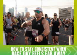 A group of runners participates in a race on a city street, with sunlight and tall buildings in the background. Text at the bottom reads, "How to stay consistent with training when race day feels far away. Austin Marathon Half Marathon & 5K