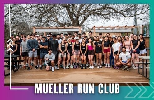 A large group of people in athletic wear pose together and smile for a photo on a wooden deck outdoors. The text reads "Mueller Running Club Group Run" with colorful borders and trees in the background. Austin Marathon Half Marathon & 5K