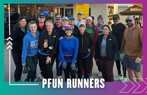 A group of cheerful runners from the Buda Running Club pose together outside a building, dressed in athletic clothing and smiling at the camera. The caption "PFUN RUNNERS" appears at the bottom of the image. Austin Marathon Half Marathon & 5K