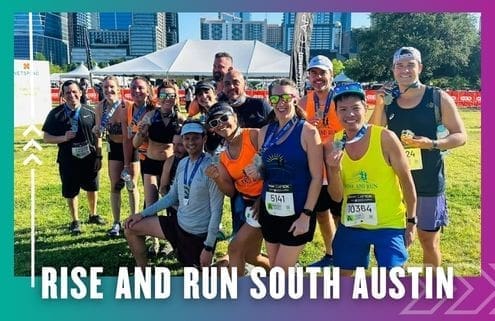 A group of smiling runners from the Buda Running Club, wearing race bibs and medals, pose together outdoors after a group run. A tent and city buildings are visible in the background. Text reads "Rise and Run South Austin. Austin Marathon Half Marathon & 5K