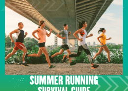 Five people run under a bridge on a gravel path in bright athletic wear. Greenery and a city skyline are visible in the background. Text at the bottom reads, “SUMMER RUNNING SURVIVAL GUIDE” with summer running tips. Austin Marathon Half Marathon & 5K