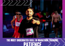 A marathon runner in a black shirt and race bib 34999 points toward the camera, surrounded by fellow runners on a city street. Text reads: "The most underrated skill in marathon training: Patience. Austin Marathon Half Marathon & 5K