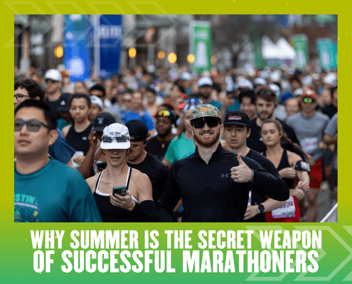 A large group of marathon runners, some wearing sunglasses and hats, run outdoors. One man in front gives a thumbs-up. The text below reads, "Why summer marathon training is the secret weapon of successful marathoners. Austin Marathon Half Marathon & 5K