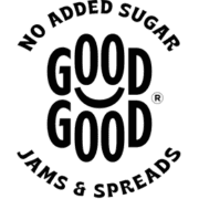 Black and white logo with the words "GOOD GOOD" in bold letters, the Os forming a smiling face. The text above reads "NO ADDED SUGAR," while below it says "JAMS & SPREADS." Proud sponsors of great taste. Austin Marathon Half Marathon & 5K