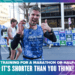 A runner joyfully holds up a medal at a marathon event, proudly donning a blue tank top. The text proclaims, "Marathon Training or Half: It's Shorter Than You Think!" Colorful banners and vibrant buildings create an uplifting backdrop. Austin Marathon Half Marathon & 5K